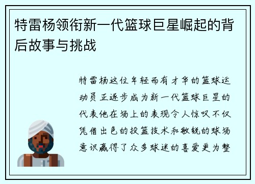 特雷杨领衔新一代篮球巨星崛起的背后故事与挑战
